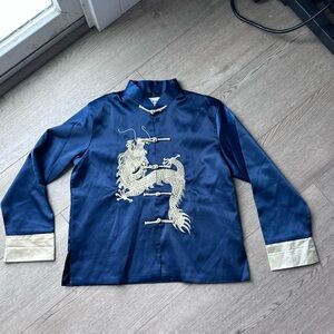 Yalahongmei Blue Satin Dragon Jacket Size 14 Mandarin Collar Chinese Tang Style